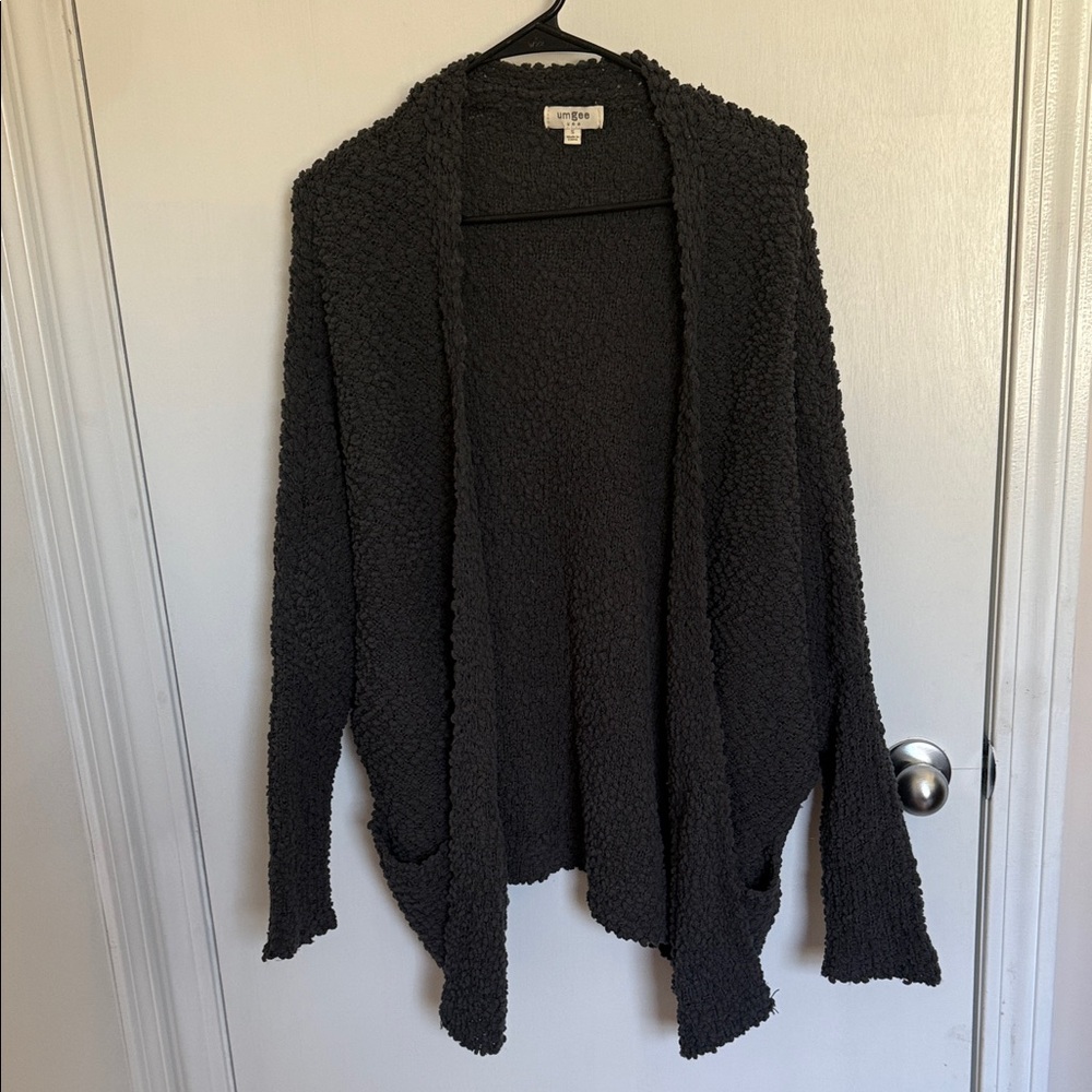 Barefoot Dreams-Inspired Black Popcorn Knit Open Cardigan